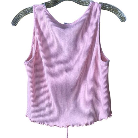 Pink Ribbed Crop Top - Ruched Front, Adjustable Tie, Lettuce Hem, Y2K Aesthetic - Picture 2 of 5